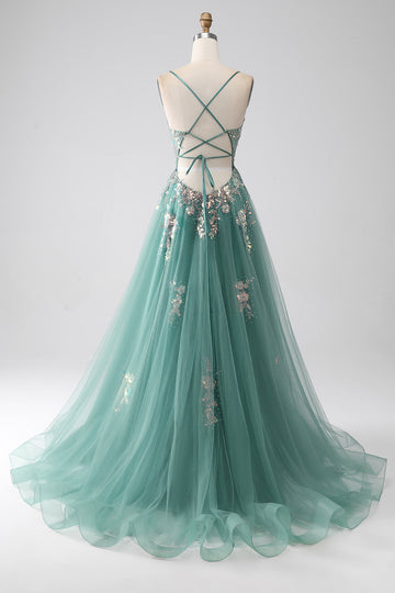 Green A-Line Spaghetti Straps Long Ball Dress With Sparkly Sequin Appliques